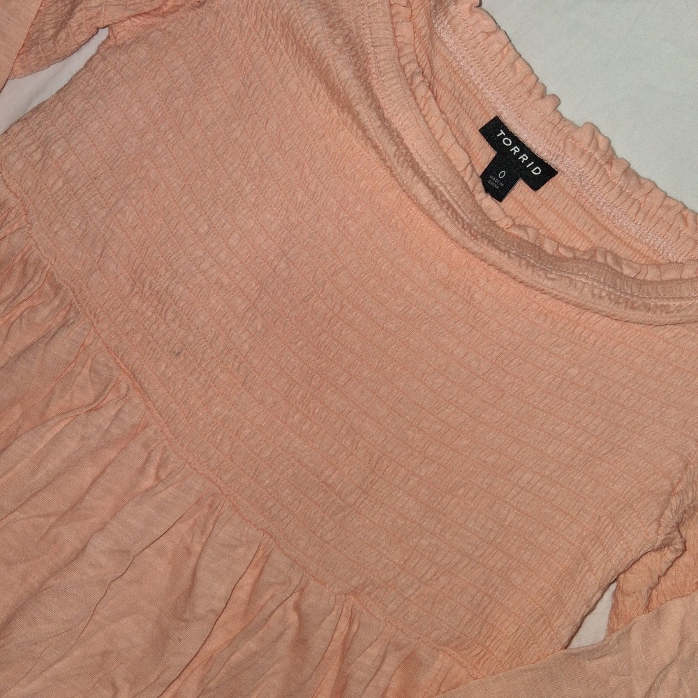 Torrid Peach Smocked Off Shoulder Bell Sleeve Babydoll Top Plus Size‎ 0